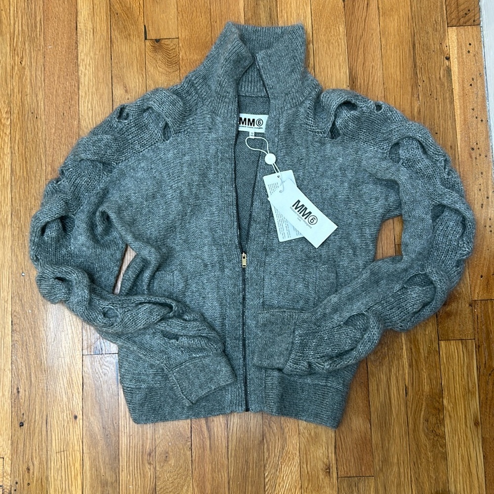 Maison Martin Margiela MM6 Zip Up Cardigan Gray Sleeve Cutouts NWT Size Small